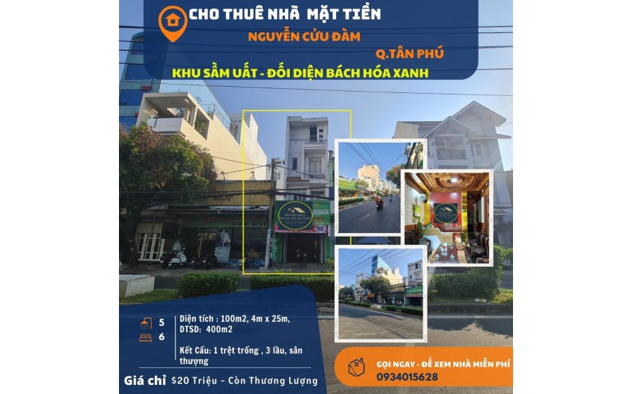 Cho thuê nhà Mặt tiền Nguyễn Cửu Đàm 100m2, 3 Lầu, 20 triệu